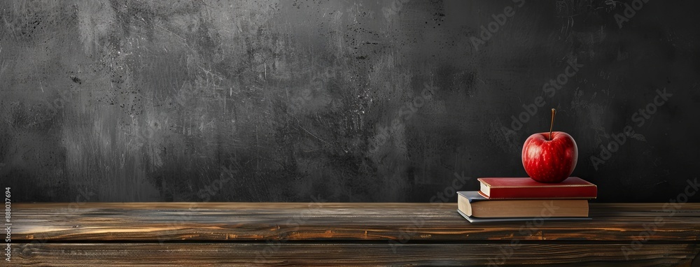 Poster an apple and a stack of books on a wooden desk are displayed in front of a blackboard to signify bac