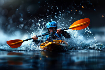 Fototapeta premium A man in a blue helmet paddles a yellow kayak in the water. The water is choppy and the man is focused on his task