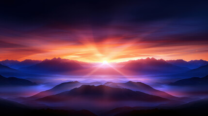 Fototapeta premium A beautiful mountain range with a bright sun shining through the clouds. The sun is casting a warm glow on the mountains and the sky. The scene is serene and peaceful