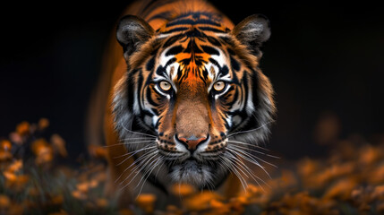 Obraz premium A tiger is staring at the camera with its eyes wide open. The tiger is standing in a field of leaves, which gives the image a natural and peaceful feel. The tiger's gaze is intense
