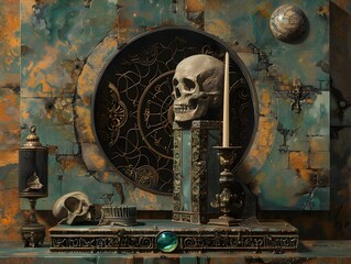 Obraz premium Symbolic Objects Capturing the Essence of Reincarnation in a Surreal,Mystical Composition