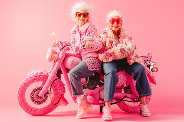Two stylish grandmothers dressed in pink crochet outfits, sitting on a crochet-covered motorcycle