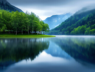 Fototapeta premium A serene lake with a forest in the background. The water is calm and the sky is cloudy