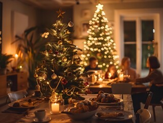 Cozy Family Holiday Gathering with Decorated Christmas Tree and Warm Lighting