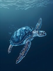 Graceful sea turtle sketch gliding over deep blue background, artistic marine life concept