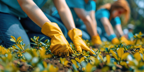 Group of community volunteers wearing gloves and planting new seedlings in a garden, contributing to environmental sustainability.