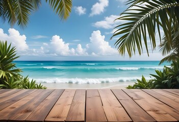Summer tropical sea with waves, palm leaves and blue sky with clouds. Perfect vacation landscape with empty wooden table