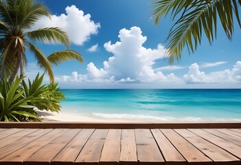 Summer tropical sea with waves, palm leaves and blue sky with clouds. Perfect vacation landscape with empty wooden table