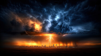 A city is in the background with a storm in the foreground. The sky is dark and the clouds are heavy with rain. The lightning is bright and the thunder is loud. Scene is intense and dramatic