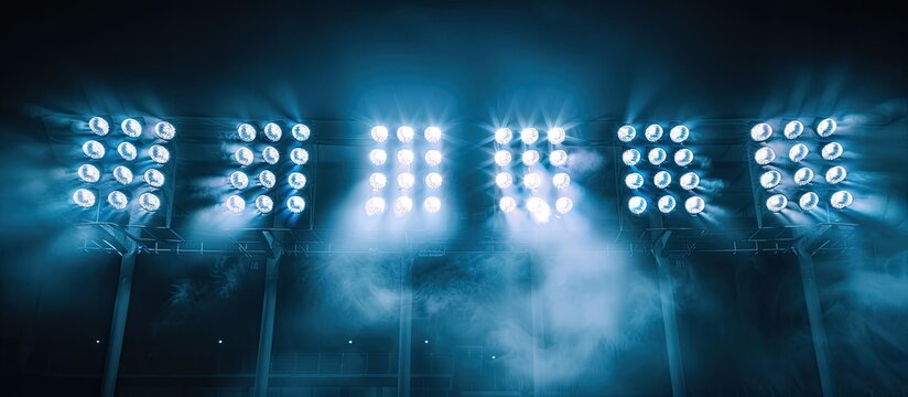 Soccer stadium lights shining with reflection on a black background creating a copy space image