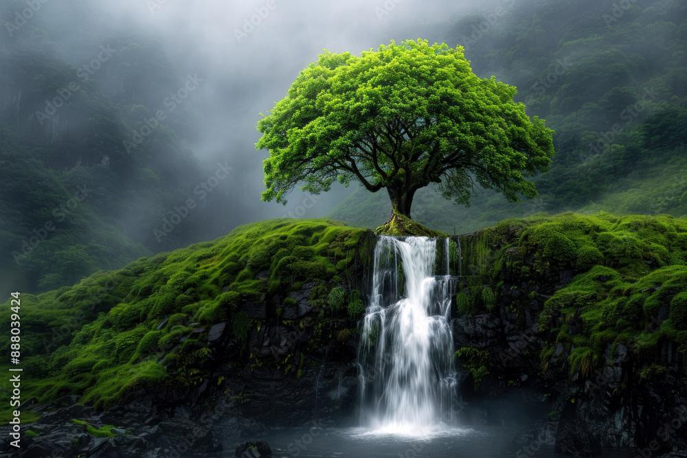 Poster a large tree with a waterfall in front of it. the image has a peaceful and serene mood