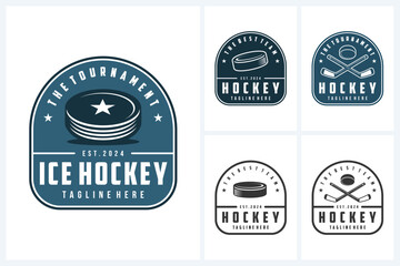 Obraz premium Ice hockey logo sport design template, hockey emblem vector, ice hockey tournament logo badge design vector illustration