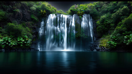 A waterfall is shown in a lush green forest. The water is clear and calm, and the surrounding trees are tall and green. Concept of tranquility and natural beauty