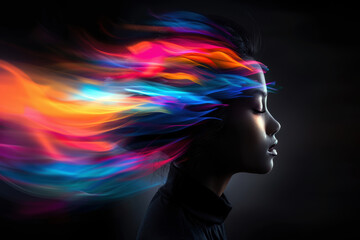 A woman's face is shown with a colorful, flowing mane of hair