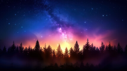 Naklejka premium A beautiful night sky with a purple and orange sunset and a few trees in the background. The sky is filled with stars and the moon is visible