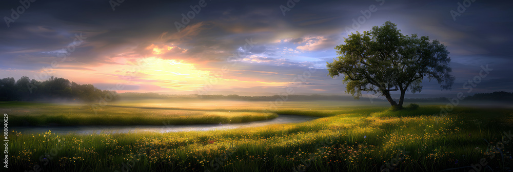 Poster a beautiful landscape with a tree in the middle of a field. the sky is cloudy and the sun is setting
