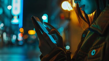 A woman is looking at her phone in a dark city street