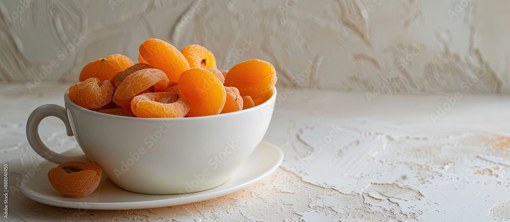 Poster side view of a white cup filled with dried apricots on a light background featuring ample copy space