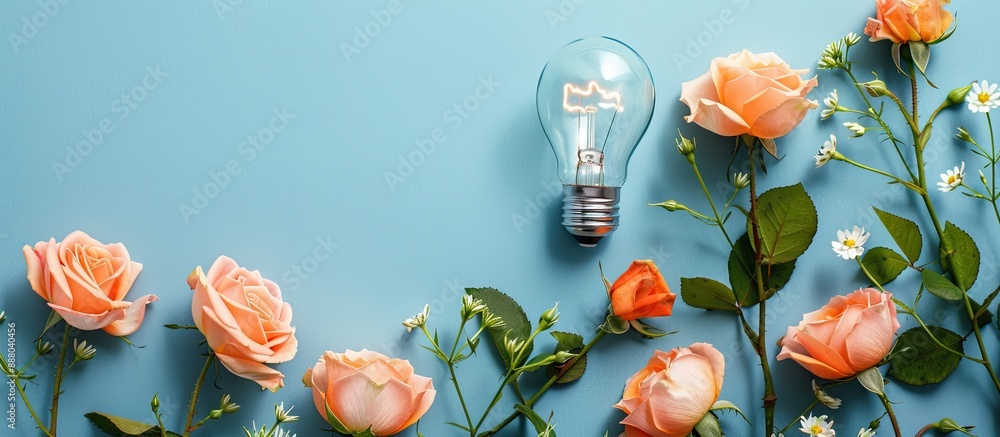 Poster beautiful blooming roses and an energy saving light bulb on a blue background representing innovativ