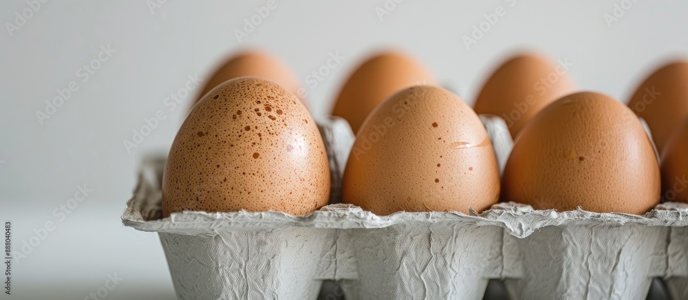 Poster Close up of chicken eggs in an egg carton set against a white backdrop with ample copy space image