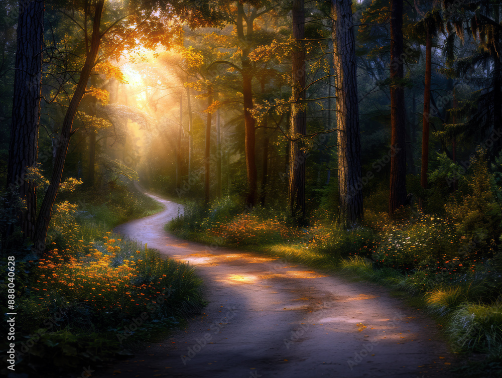 Poster a forest path with a sun shining through the trees. the sun is casting a warm glow on the path and t