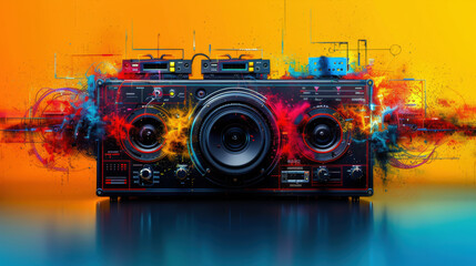 A colorful speaker with a black body and red and blue buttons. The speaker is surrounded by a colorful explosion of paint, giving the impression of a powerful and dynamic sound system