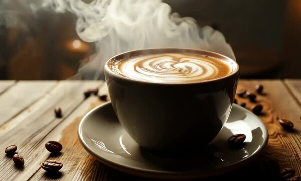 A steaming cup of hot coffee on a wooden table