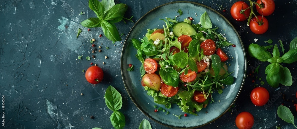 Poster a healthy and tasty salad arranged on a plate from a top down perspective with room for additional e