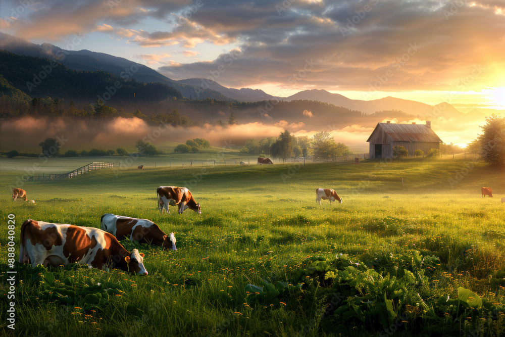 Poster a group of cows are grazing in a field with a large house in the background. the sun is setting, cas