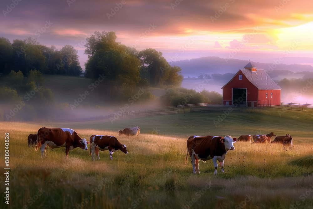 Poster a group of cows are grazing in a field next to a red barn. the barn is surrounded by a fence and the