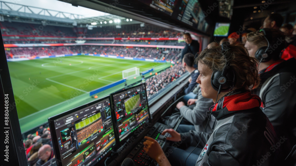 Wall mural Sports analysts wearing headsets and monitoring a live soccer game from a control room with multiple screens.