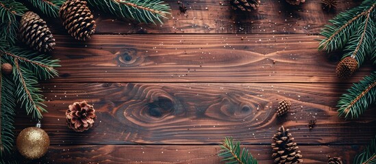 Beautiful vintage rustic brown wood table with white paper copy space image perfect for Christmas and New Year greetings or announcements