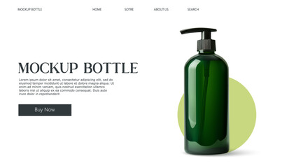 A realistic 3D illustration of a green pump bottle, isolated on a white background with a light green circle. Ideal for packaging, cosmetic, and personal care product designs. Vector