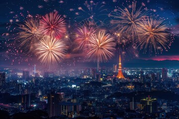 Obraz premium spectacular fireworks display illuminating night sky cityscape photography