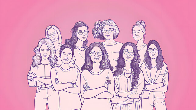International Women's Day Black Line Sketch of Women on Pink Background.