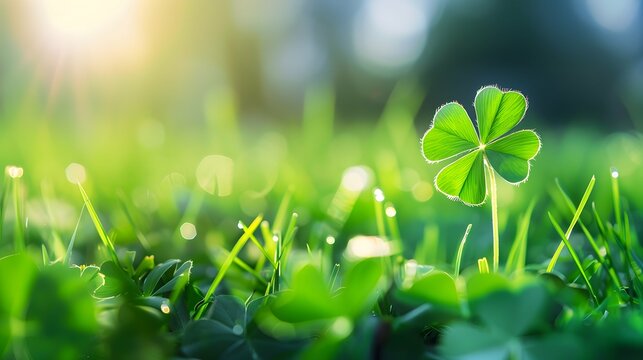 Four leaf clover growing in green grass, lucky charm and good luck concept, copy space