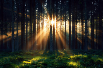 Fototapeta premium A forest with a sun shining through the trees