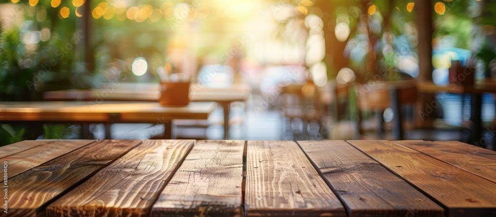 Poster focus on an empty wooden table with a blurred cafe background containing bokeh ideal for a copy spac