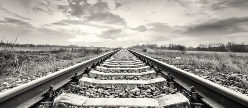 Scenic black and white photo of railway tracks in rural setting with copy space image included - Powered by Adobe