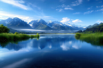 A beautiful mountain lake with a blue sky in the background