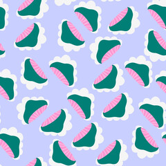 Seamless repeat pattern with Green mushrooms and white clouds on a baby blue background, can be used for wallpaper, textile design, website background, wrapping paper, stationery design