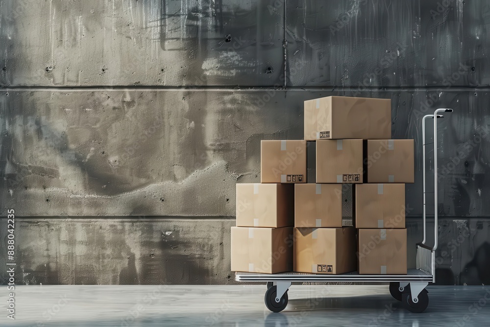 Poster stacked cardboard boxes on modern logistics trolley clean minimalist composition with subtle shadows