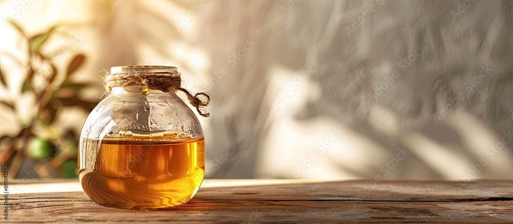 Aufkleber glass jar with aromatic honey on table with light wall in background copy space image