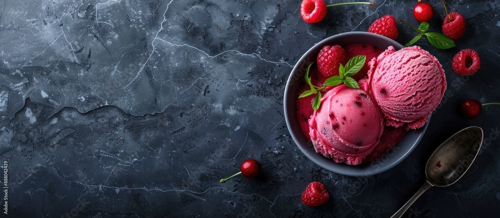 Aufkleber ice cream flavors like raspberry strawberry and cranberry with red sorbet served in a scoop on a dar