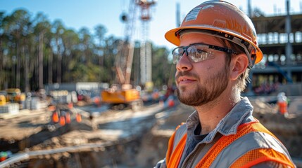 An engineer stands at the edge of the construction site, watching cranes lift heavy beams into place for the new bridge. 