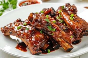 steamed spare ribs with black bean sauce on white plate appetizing food photo