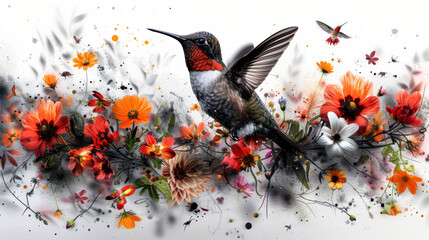 A hummingbird is flying over a colorful flower arrangement. Concept of freedom and beauty, as the...