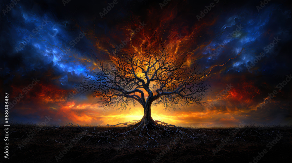 Poster a tree with roots is in the foreground of a dark sky. the sky is filled with clouds and the sun is s