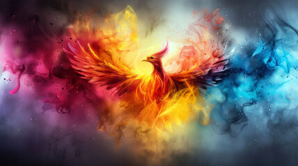 A colorful bird with a fiery tail is flying through a smokey sky. Concept of freedom and energy, as the bird soars through the air with its wings spread wide