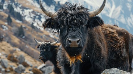 Fototapeta premium yak grazing in the snow